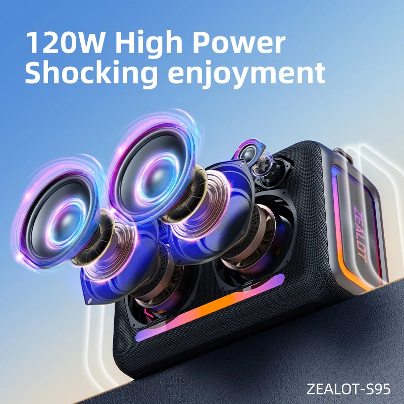 ZEALOT S95, 120 Вт, водонепроницаемый динамик IPX6 с длительным временем ожидания, эквалайзером, стереопарой, портативный динамик RGB для вечеринок