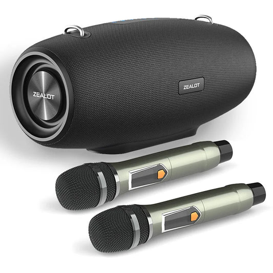 ZEALOT S67 , Enceinte Haut-parleur portable avec deux microphones sans fil et prise en charge de la bandoulière TWS, AUX in, USB, Bass et Treble pour la fête