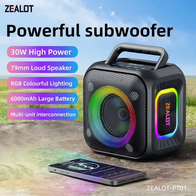 ZEALOT PT01 30W Haut-parleur portable avec lumières Son stéréo Haut-parleur étanche IPX6 avec poignée, idéla pour la maison,faire la fête, l'extérieur, les voyages