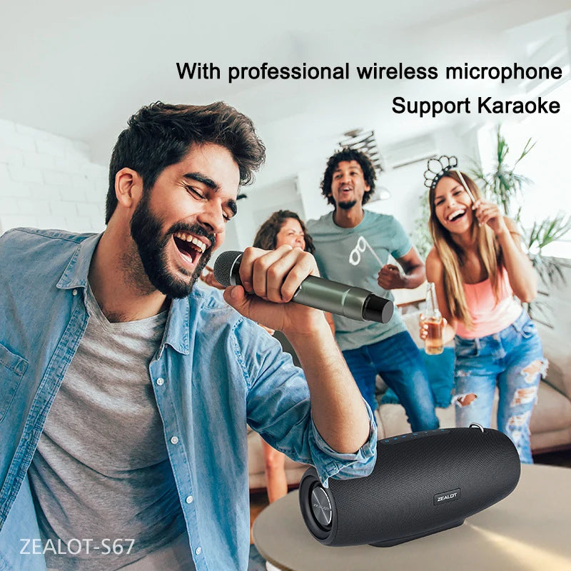 ZEALOT S67 , Enceinte Haut-parleur portable avec deux microphones sans fil et prise en charge de la bandoulière TWS, AUX in, USB, Bass et Treble pour la fête