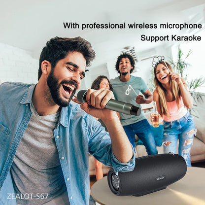 ZEALOT S67 , Enceinte Haut-parleur portable avec deux microphones sans fil et prise en charge de la bandoulière TWS, AUX in, USB, Bass et Treble pour la fête