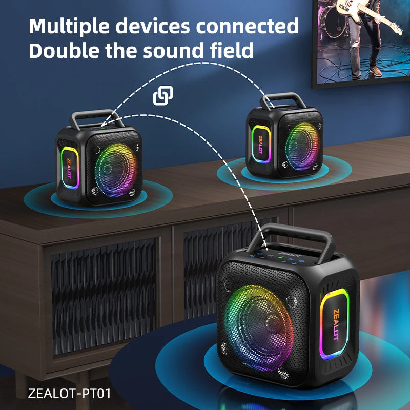 ZEALOT PT01 30W Haut-parleur portable avec lumières Son stéréo Haut-parleur étanche IPX6 avec poignée, idéla pour la maison,faire la fête, l'extérieur, les voyages