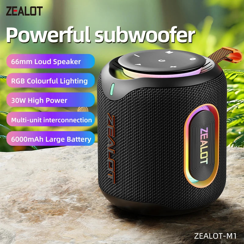 ZEALOT M1 30W , Enceinte portable basses profondes lumières RVB colorées, IPX6 étanche, appariement TWS pour l'extérieur/fête/voyage, idées cadeaux