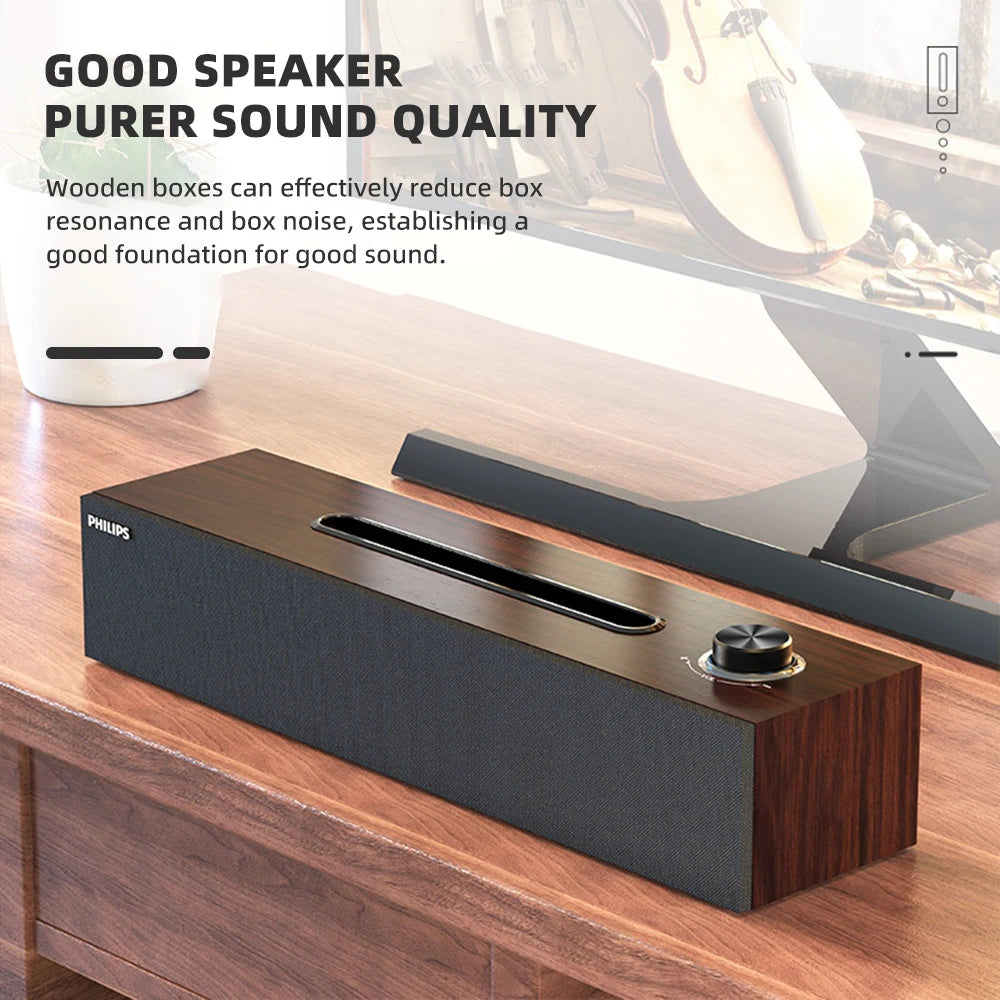Barre de Son Philips SPA 3808, comprenant une conception simple de grain de bois, qualité sonore HIFI, effet Audio 3D et carte son intégrée