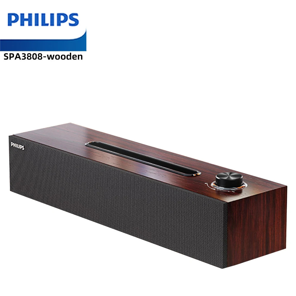 Barre de Son Philips SPA 3808, comprenant une conception simple de grain de bois, qualité sonore HIFI, effet Audio 3D et carte son intégrée