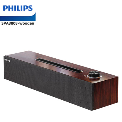 Barre de Son Philips SPA 3808, comprenant une conception simple de grain de bois, qualité sonore HIFI, effet Audio 3D et carte son intégrée
