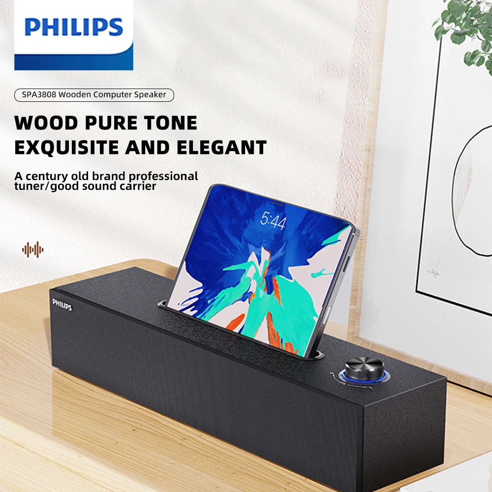 Barre de Son Philips SPA 3808, comprenant une conception simple de grain de bois, qualité sonore HIFI, effet Audio 3D et carte son intégrée