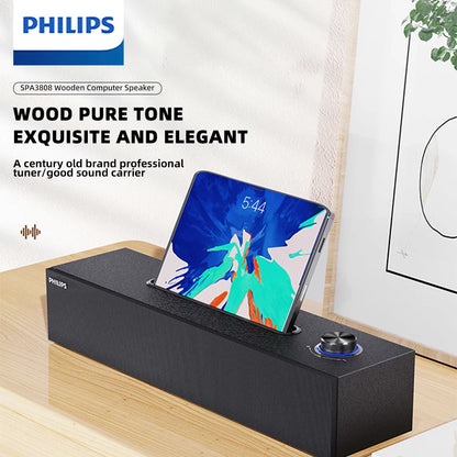 Barre de Son Philips SPA 3808, comprenant une conception simple de grain de bois, qualité sonore HIFI, effet Audio 3D et carte son intégrée