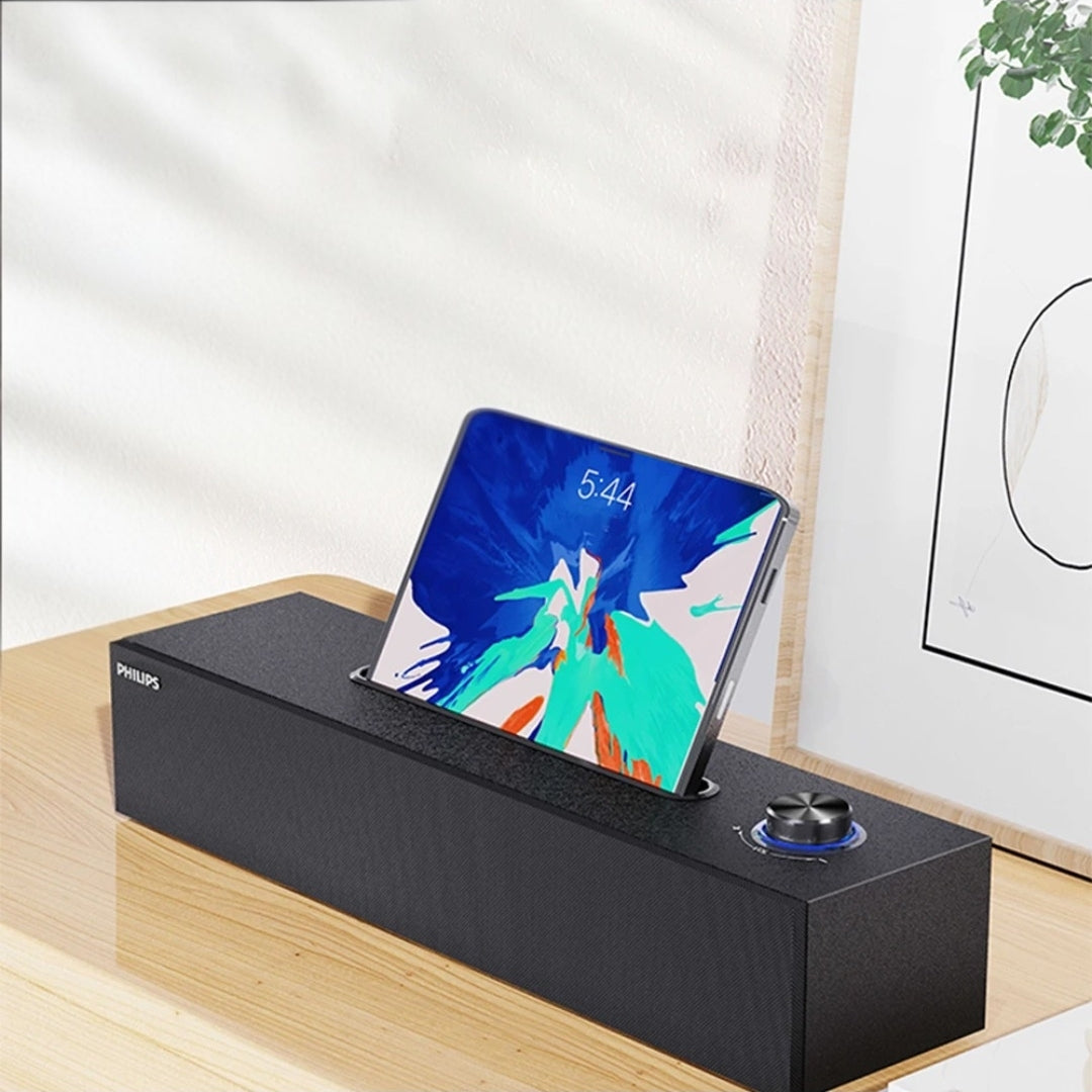 Barre de Son Philips SPA 3808, comprenant une conception simple de grain de bois, qualité sonore HIFI, effet Audio 3D et carte son intégrée