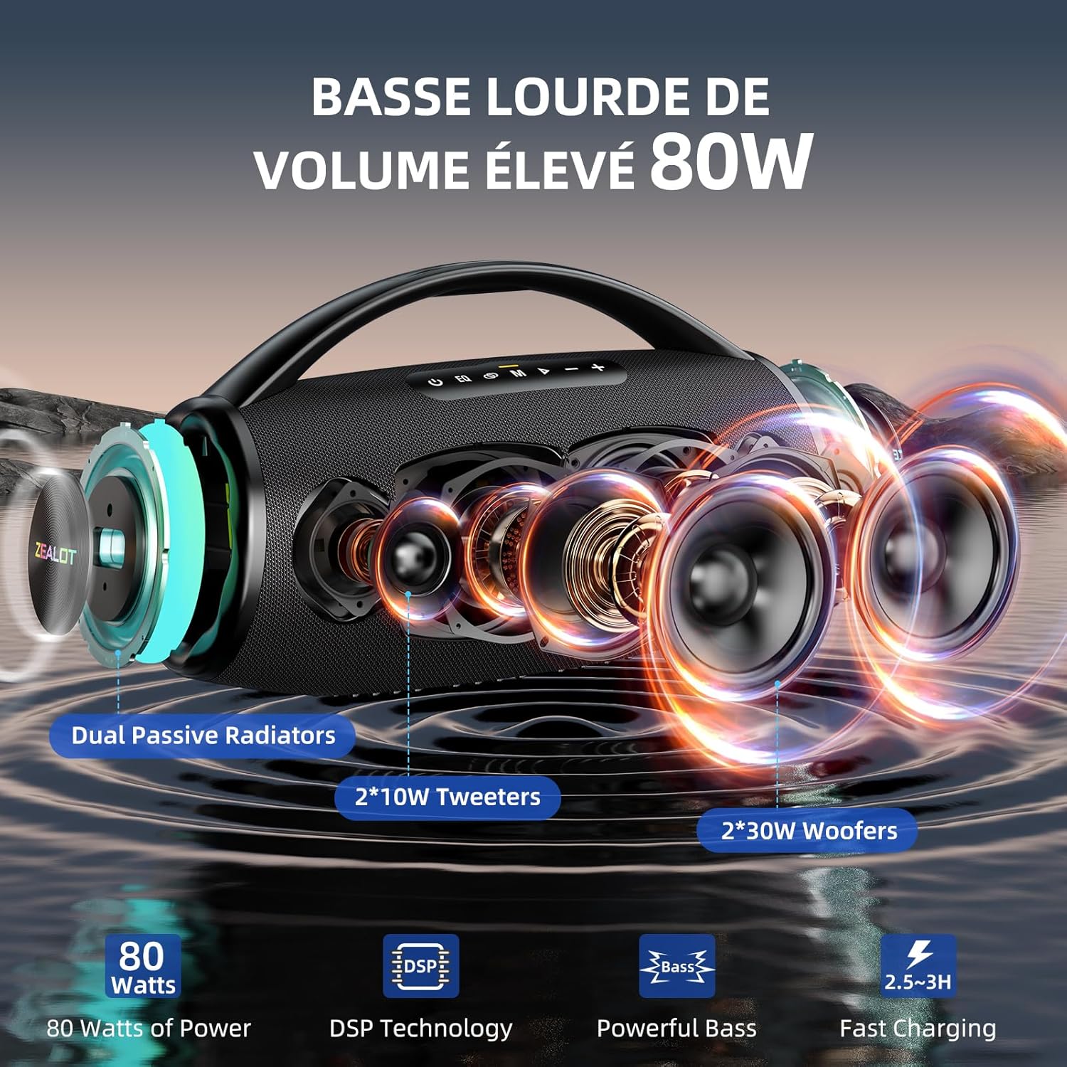ZEALOT S97 Enceinte Bluetooth, 80W Haut - Parleur Bluetooth avec Boost Bass, étanche ipx6, lumière LED, Banque d'alimentation, Bluetooth 5.2, extérieur, Camping Haut - Parleur Bluetooth - Sonoa