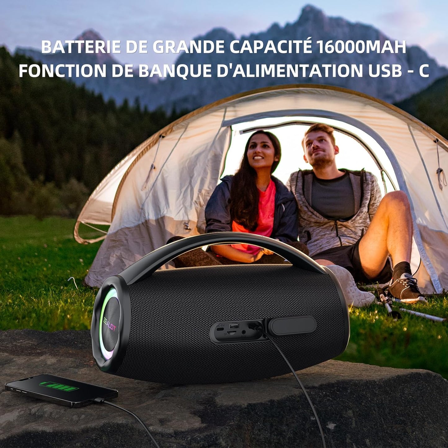 ZEALOT S97 Enceinte Bluetooth, 80W Haut - Parleur Bluetooth avec Boost Bass, étanche ipx6, lumière LED, Banque d'alimentation, Bluetooth 5.2, extérieur, Camping Haut - Parleur Bluetooth - Sonoa