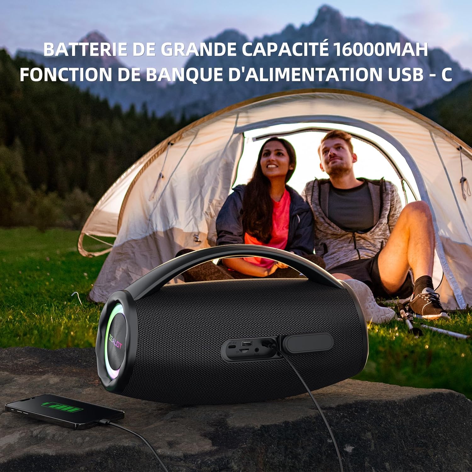 ZEALOT S97 Enceinte Bluetooth, 80W Haut - Parleur Bluetooth avec Boost Bass, étanche ipx6, lumière LED, Banque d'alimentation, Bluetooth 5.2, extérieur, Camping Haut - Parleur Bluetooth - Sonoa