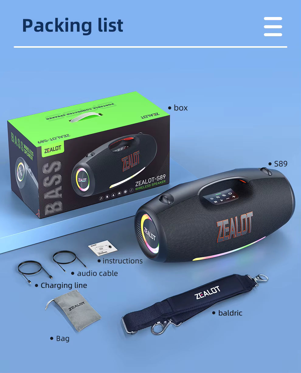ZEALOT S89 , Enceinte haut-parleur 250W Portable IPX6 haut-parleur extérieur étanche prise en charge des basses profondes EQ/lumières RVB/TWS/TF/AUX/USB - Sonoa