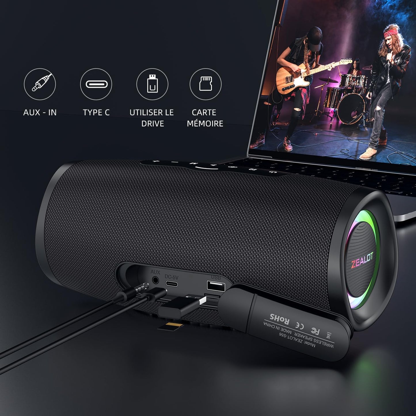 ZEALOT S56 , Enceinte Bluetooth, 40W (60W crête) Haut - Parleur Portable avec Technologie Bassup, IPX6 Imperméable, Bluetooth 5.2, Batterie 8000mAh, Stéréo, EQ, Haut - Parleur pour Parti, Plage, Camping - Sonoa
